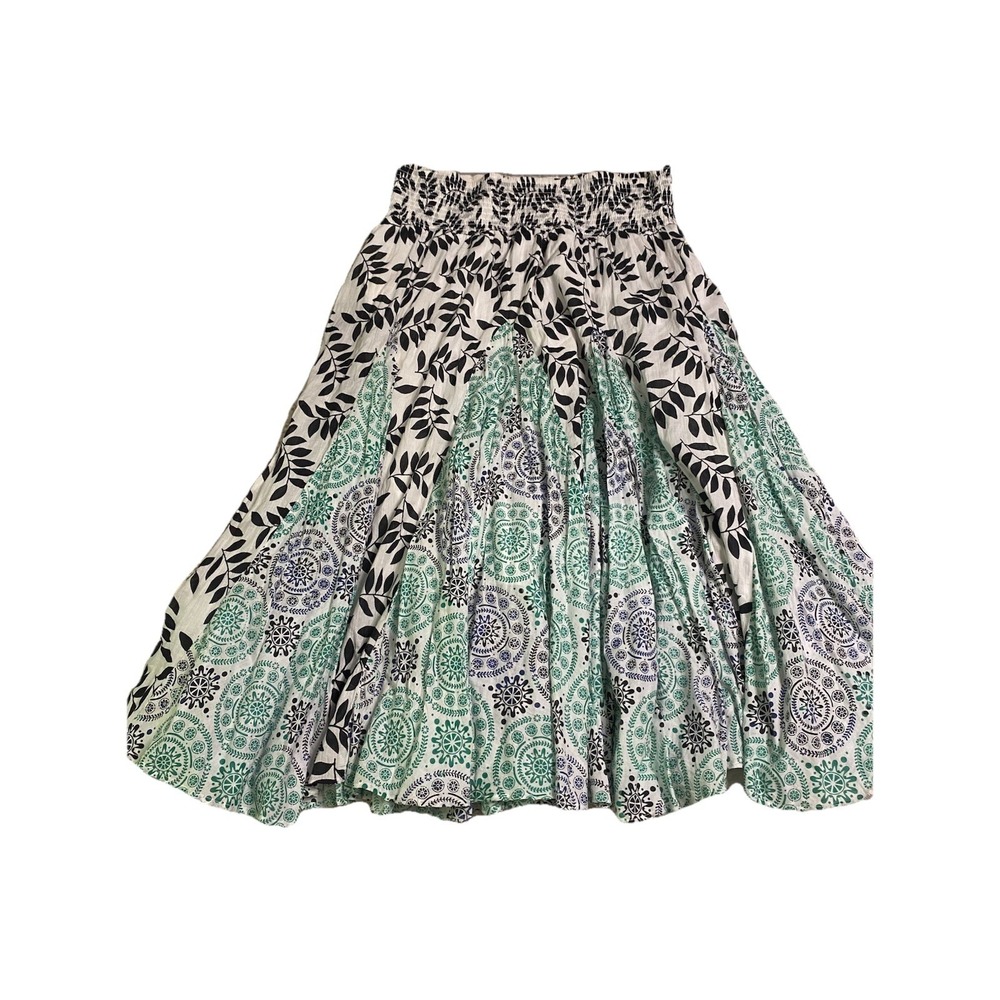 Chelsea & Theodore Smocked Broomstick Midi Skirt XL Cotton Boho Leaf Print